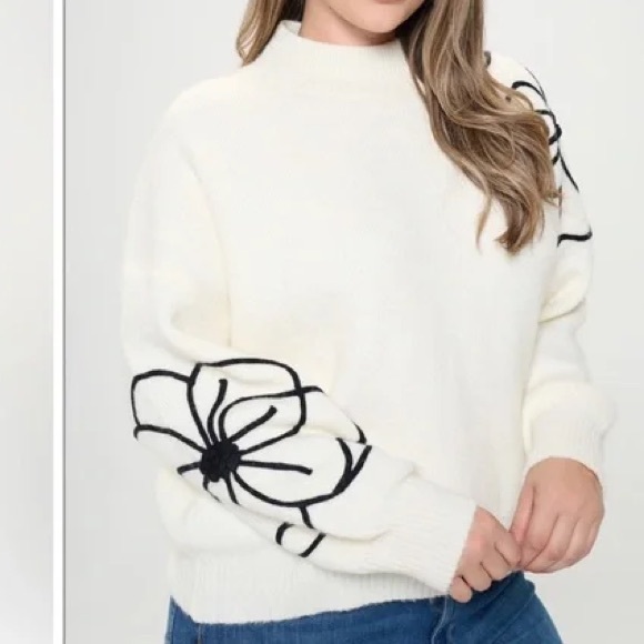 Flower Embroidery Mock Neck Long Sleeve Sweater White & Black Large Acrylic NEW - Picture 15 of 15